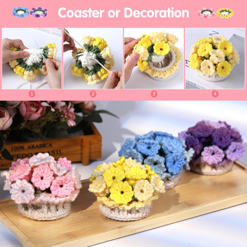 Iuuidu Crochet Kit for Beginners-4PCS Coaster Flower Pot Crochet Kits Coaster Crochet Starter Kit with Crochet Yarns Hooks  Easy Videos Tutorials to Crochet for Office  Coffee Table  Home Decor - Image 5